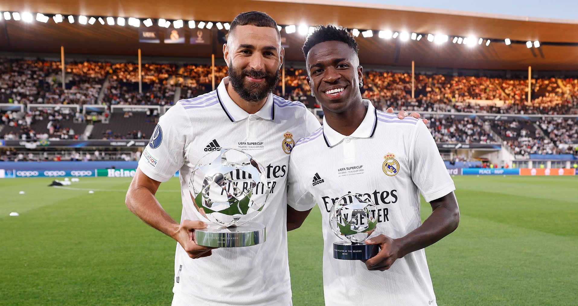 Benzema and Vinicius collect their Champions League awards